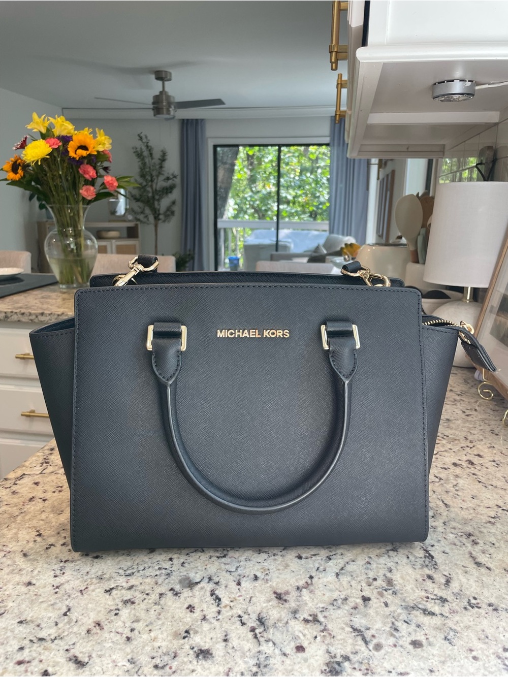 Michael Kors Black Saffiano Leather Satchel with Gold Hardware